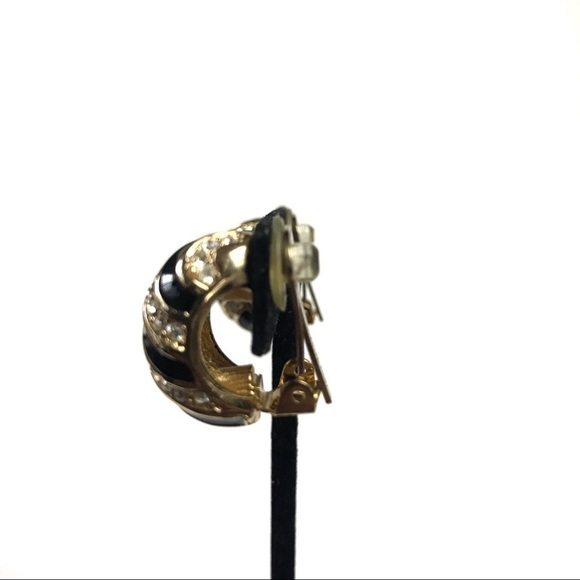 Vintage Christian Dior Half Hoop Enamel Crystal Clip On Earrings - Picture 6 of 8